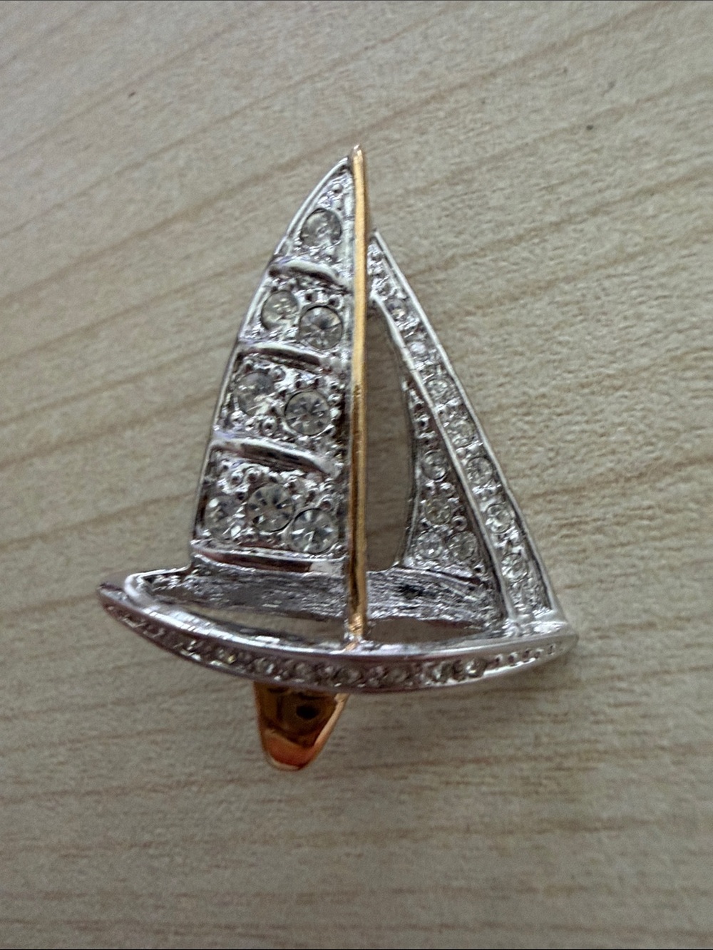 Sailboat Pin Brooch with Rhinestones - Silver & Gold Tones